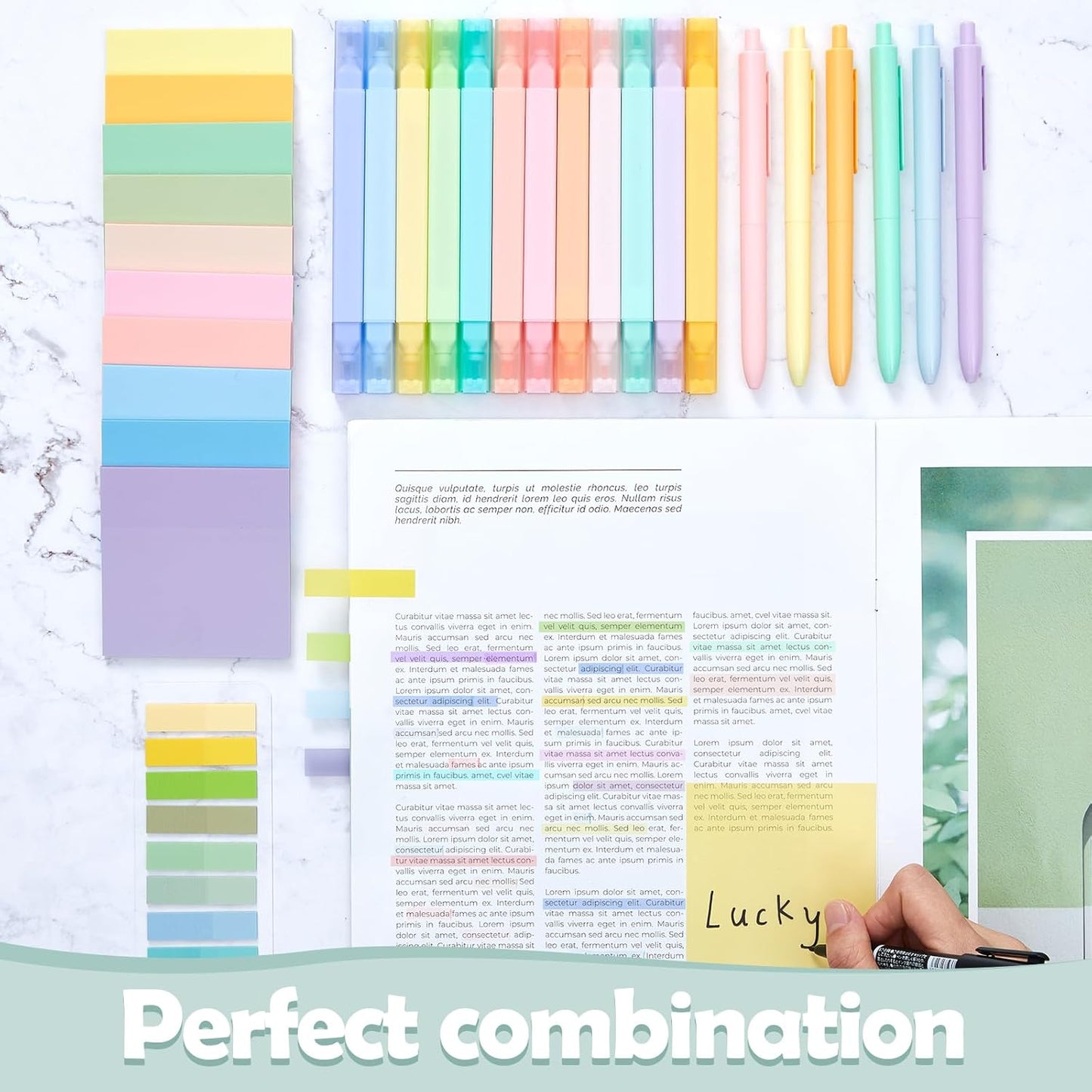 Jutom 38 Pcs Book Annotation Kit Aesthetic Highlighters Gel Pens Set Sticky Notes Tabs Markers Dual Ended Highlighter Quick Dry Ink Pens for Office Annotating Books(Bright Color,Square)