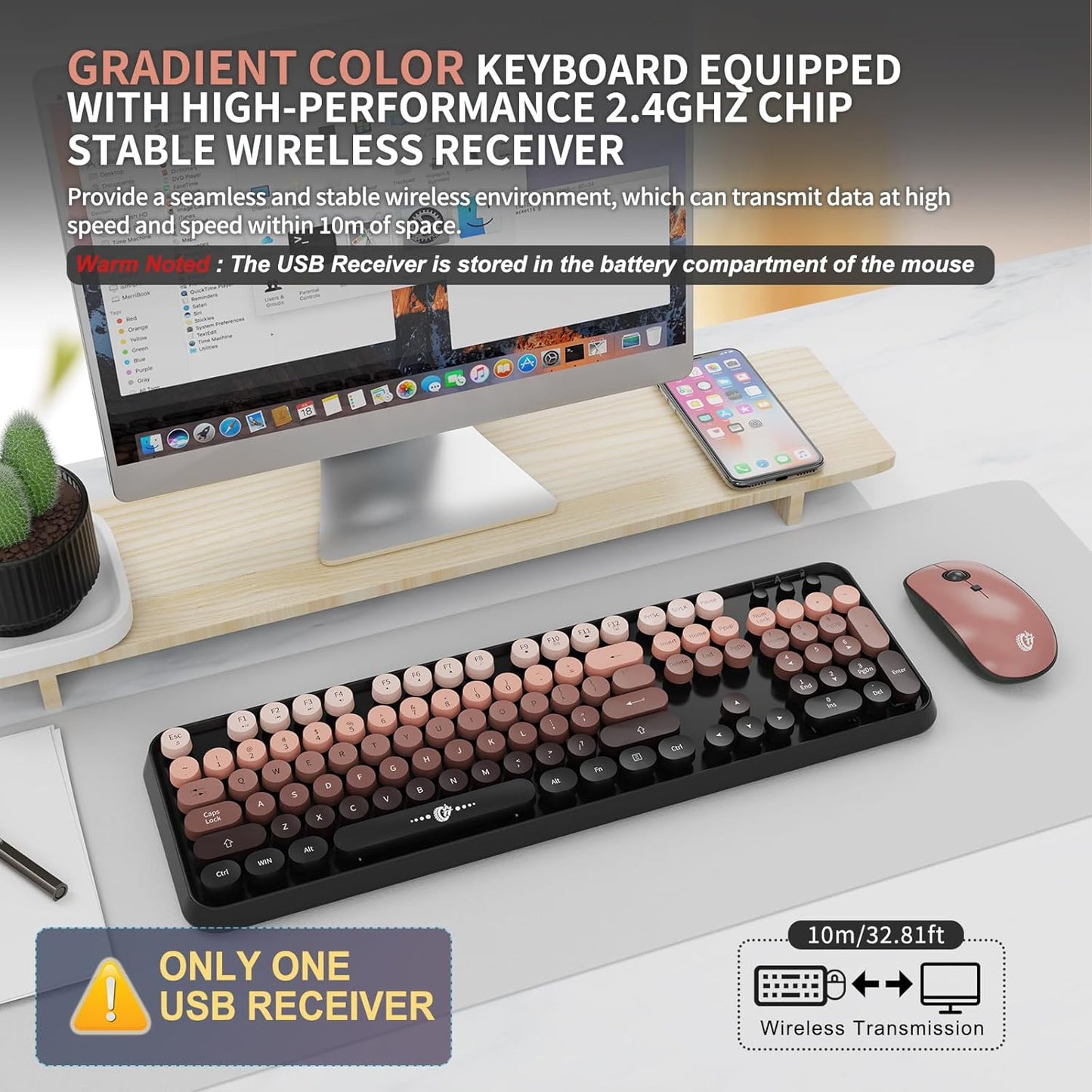 FD Wireless Keyboard and Mouse Combo - 2.4G Full-Sized Cute Colorful Mouse and Keyboard with 104 Round Keys Retro Typewriter Keyboard for Laptop/Windows/PC - Black Gradient