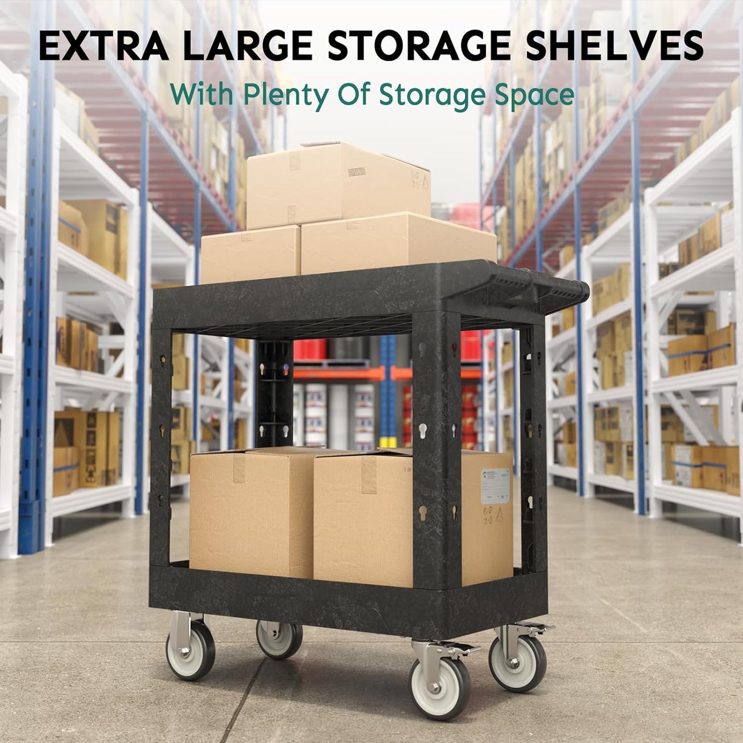 Utility Cart on Wheels, 1000 lbs Capacity Rolling Service Cart, 34 x 17 Inch Work Carts, 2 Shelf Heavy Duty Plastic Tool Cart, Lipped Shelves, for Warehouse, Garage, Cleaning, Black