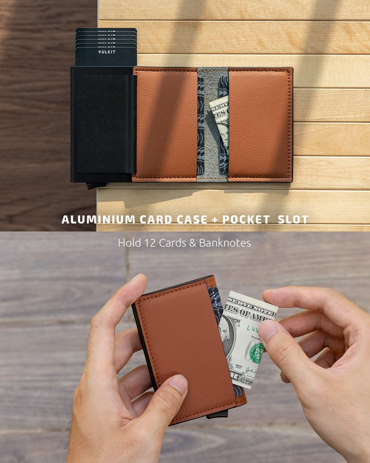 VULKIT Credit Card Holder RFID Blocking Leather Automatic Pop Up Wallet Aluminum Slim Pocket Business Card Case