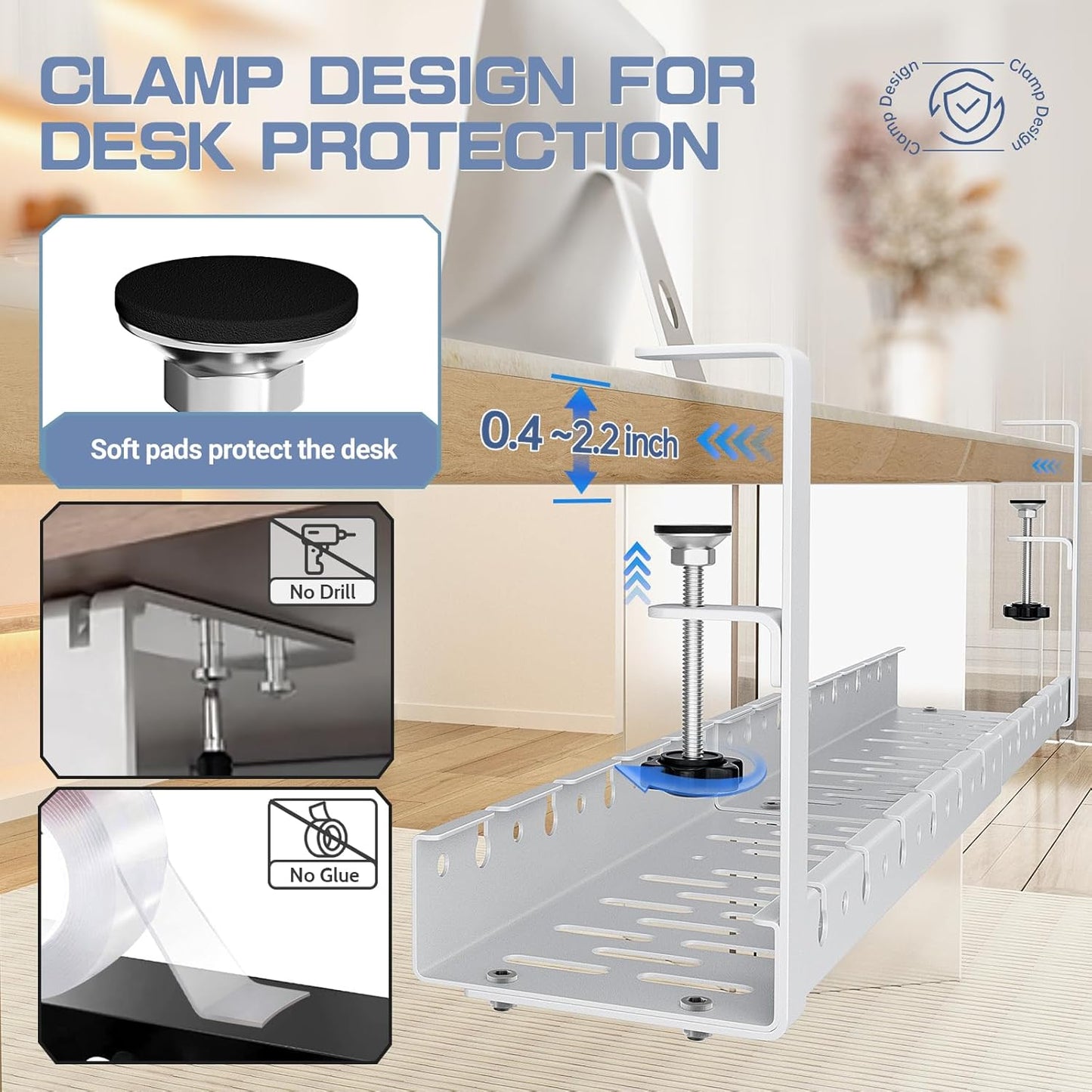 Shikha Under Desk Cable Tray, 15.7"-30.7" Retractable Under Desk Cable Management, No Drilling Cord Organizer with Clamp, Wire Management for Home Office -White