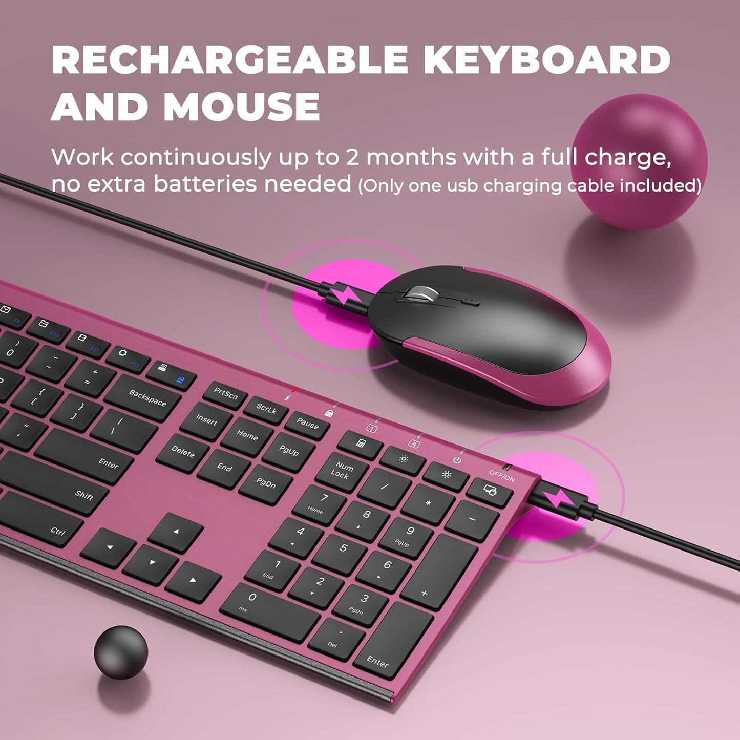 Wireless Keyboard and Mouse, Vssoplor 2.4GHz Rechargeable Compact Quiet Full-Size Keyboard and Mouse Combo with Nano USB Receiver for Windows, Laptop, PC, Notebook-Black and Wine Red