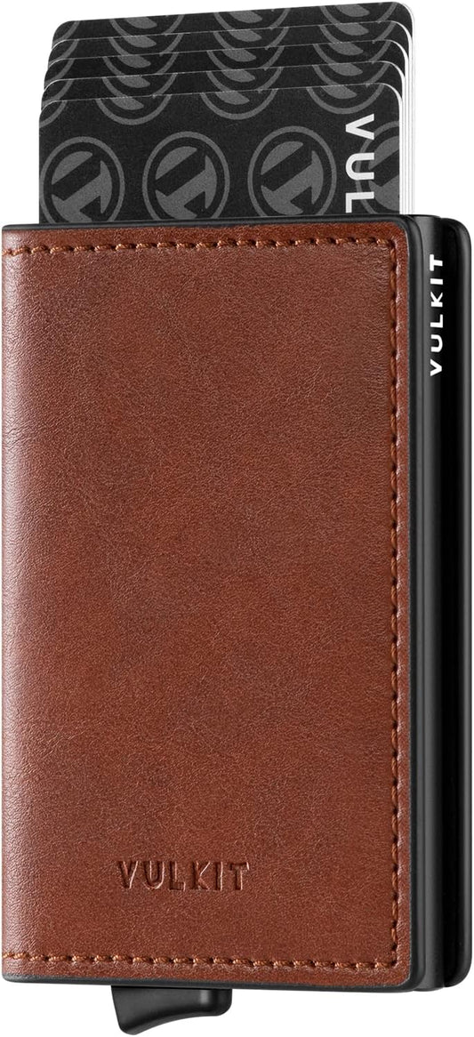 VULKIT Credit Card Holder RFID Blocking Leather Automatic Pop Up Wallet Aluminum Slim Pocket Business Card Case