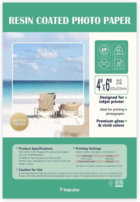 Ultra-Premium Glossy RC Photo Paper, Professional and Heavyweight Metallic Resin Coated Photo Paper, Pigment and Dye Inkjet Printer Suitable, Waterproof, 4x6, 50 Pack