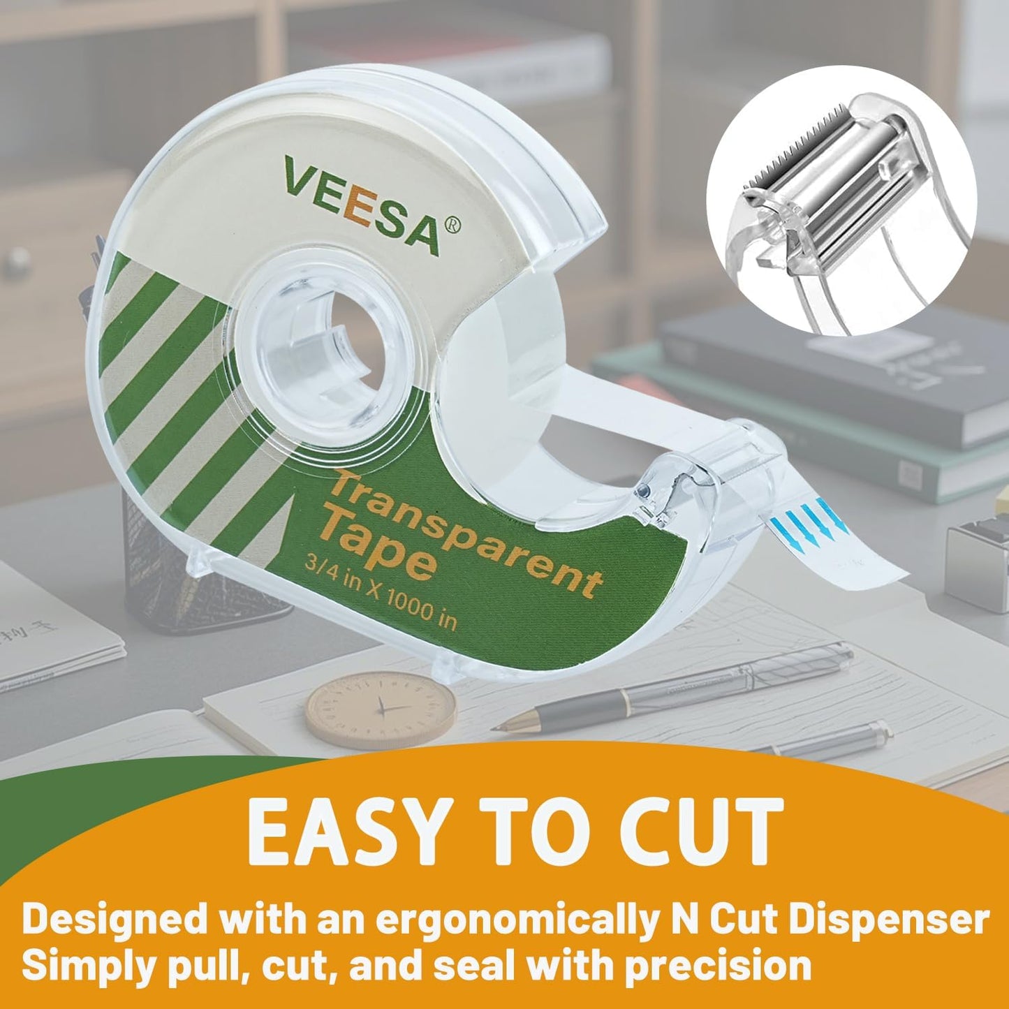 VEESA Transparent Tape with Dispenser, 3/4 x 1000 Inches, 12 Rolls Clear Tapes for Craft Jobs, Home & School Supplies