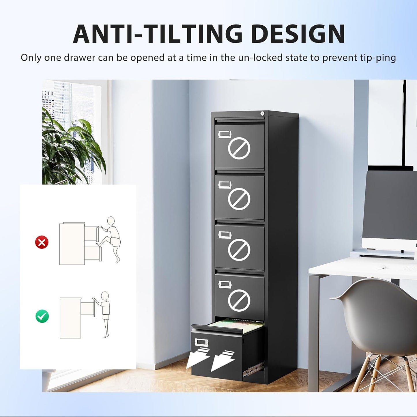 5 Drawer File Cabinet, Filing Cabinets for Home Office, Vertical File Cabinet with Lock, 61.6" H Locking File Cabinet for A4 Legal/Letter, Assembly Required (Black)