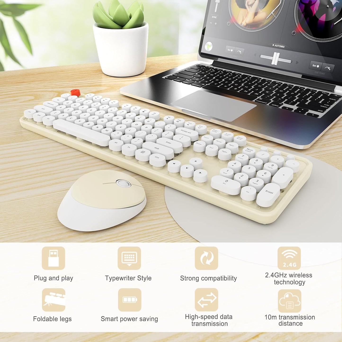 Wireless Keyboard and Mouse Combo, Ergonomic Full Size Typewriter Retro Round Keycaps Keyboard, Compatible with Windows, PC, Perfer for Home and Office Keyboards (Beige