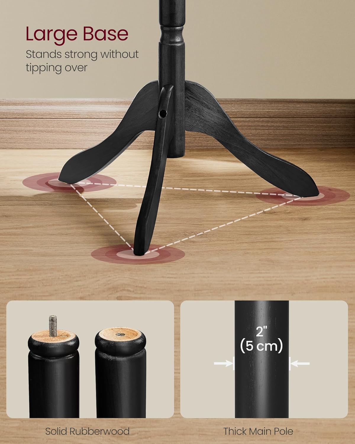 VASAGLE Solid Wood Coat Rack and Stand, Free Standing Hall Coat Tree with 10 Hooks for Hats, Bags, Purses, for Entryway, Hallway, Rubberwood, Ink Black URCR003B01