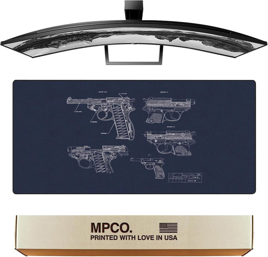 MPCO. Blueprints Large Gaming Desk Pad - 36" x 17" Duraglyde Fabric Pistol 38 – Blue Desk Mats - Non-Slip, Washable, Smooth Glide for Precision Gaming & Work