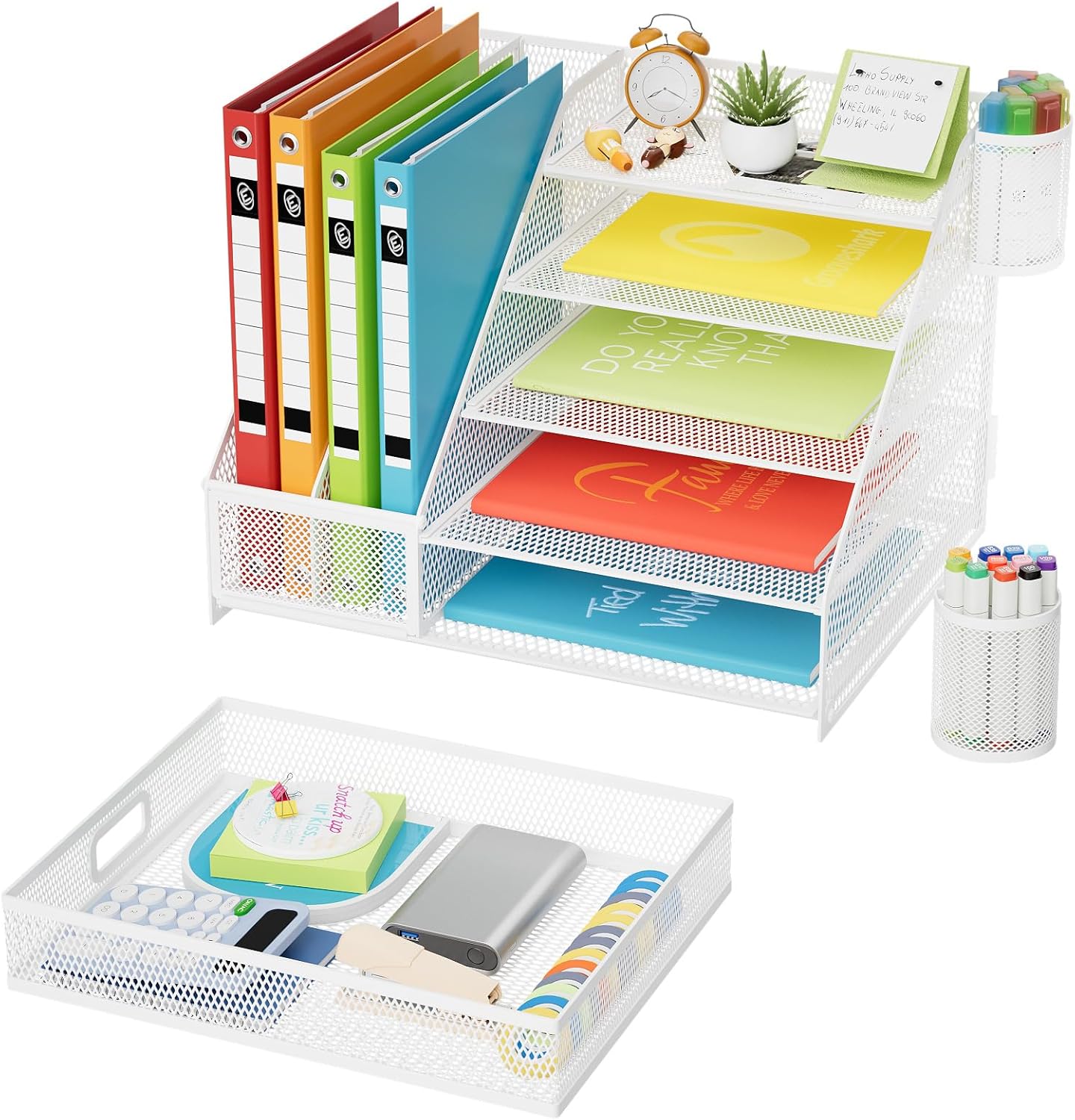 Marbrasse Desk Organizer with File Holder, 5-Tier Paper Letter Tray Organizer with Drawer and 2 Pen Holder,Mesh Desk Organizers and Accessories,Desktop Organizer and Storage for Office Supplies(White)
