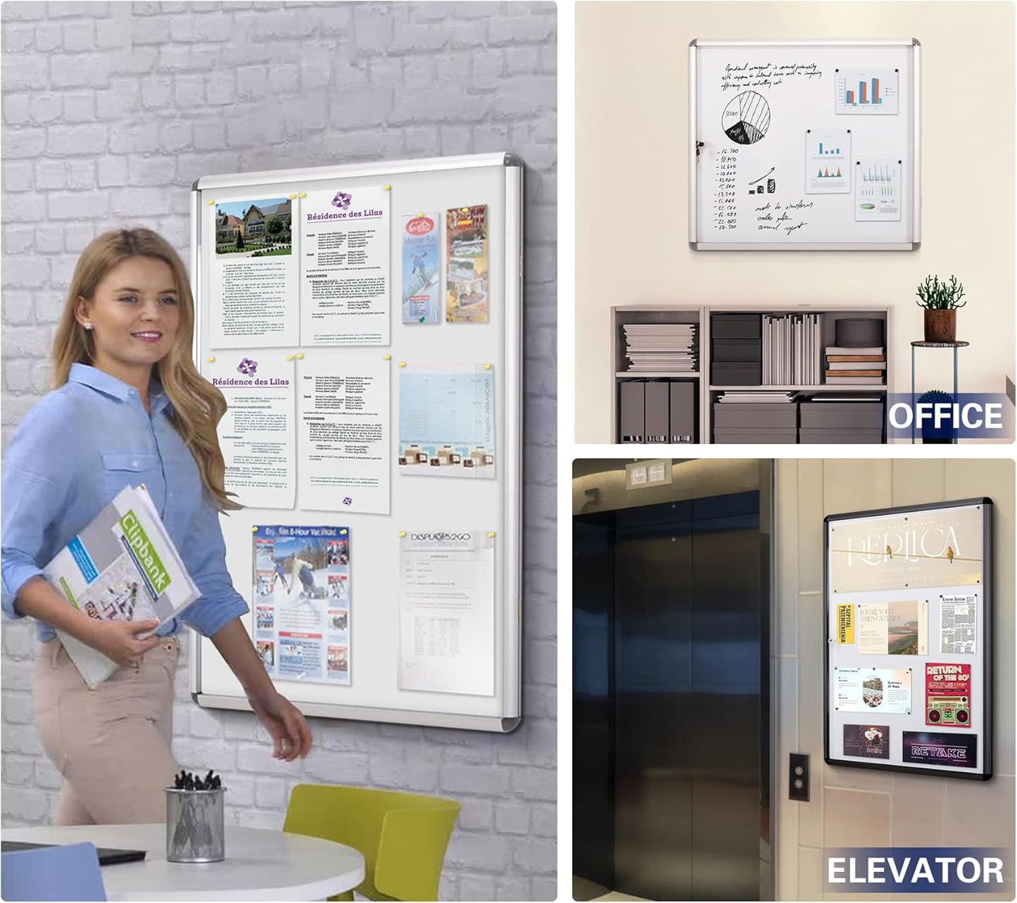 SWANCROWN Lockable Noticeboard White Bulletin Boards Magnetic Wall Mount Message Board with Glass Door and Keys 28x26inch(6xA4)