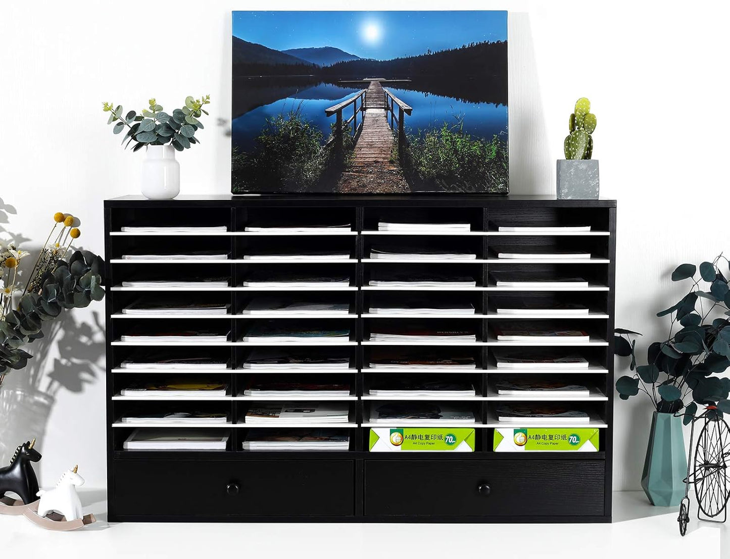 PAG Mail Sorter Organizer, Wood Literature Organizer, Student Mailbox for Classroom, Desktop Bill Paper Organizer for Office Home School, 38 Compartments, Black&White