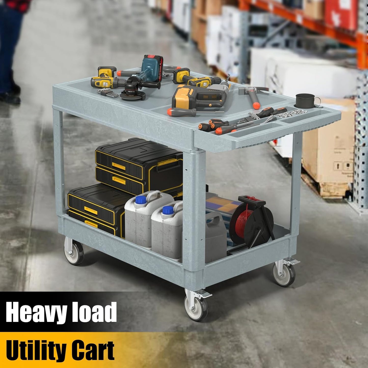 2 Tier Rolling Utility Cart on Wheels, 550 lbs Capacity Flat Top Plastic Service Cart with Lipped Shelves, 46 x 26-Inch Heavy Duty Work Cart for Warehouse, Garage, Cleaning, Gray