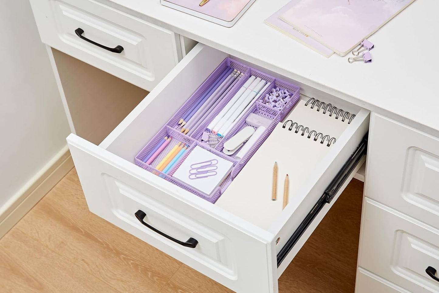 Annova Desk Drawer Organizer/Storage Tray - Metal Mesh with Dividers for Pens, Desktop Accessories, Bathroom, Kitchen, Makeup and Office Supplies (Small, Light Purple)