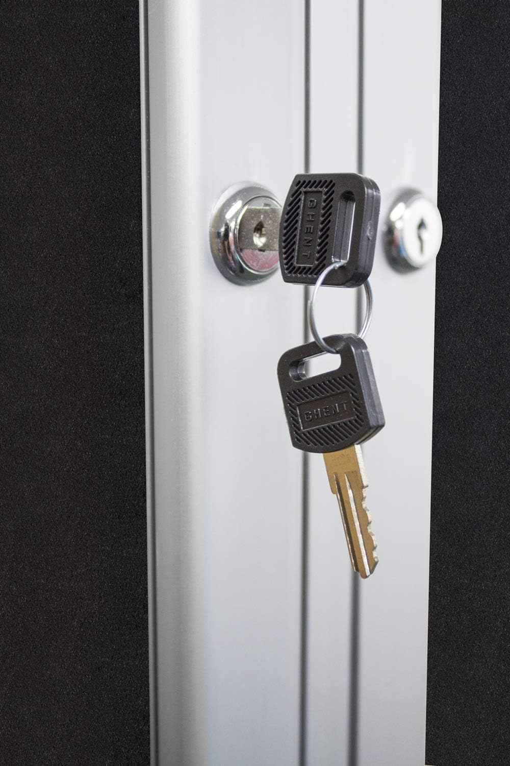 Ghent 36" x 48" 2-Door indoor Enclosed Recycled Rubber Bulletin Board, Shatter Resistant, with Lock, Satin Aluminum Frame, Confetti (PA234TR-CF) ,Made in the USA