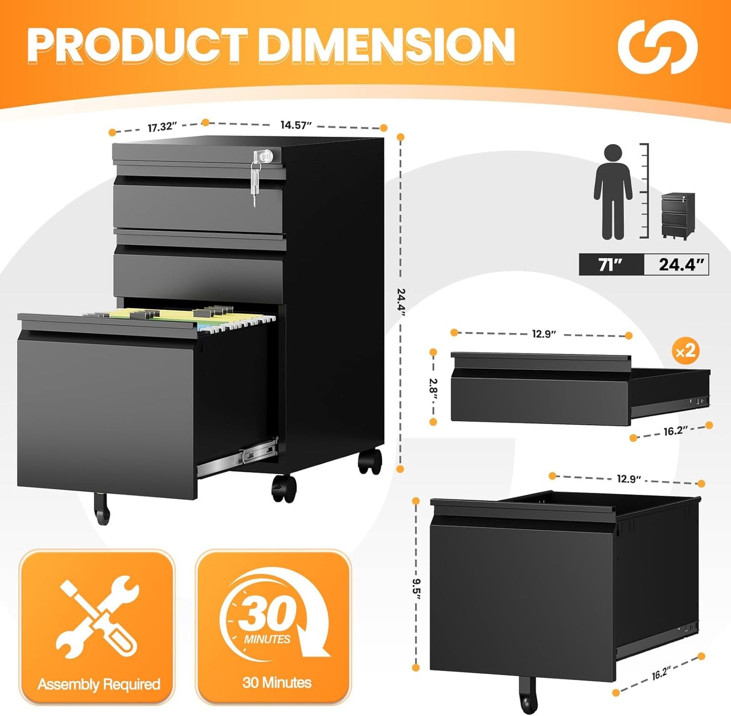 3 Drawer File Cabinet, Fully Assembled Mobile File Cabinets with Lock for Home Office, Metal Rolling Filing Caninet on Wheels, Three Drawer Under Desk Cabnet for Letter/Legal / A4 - Black