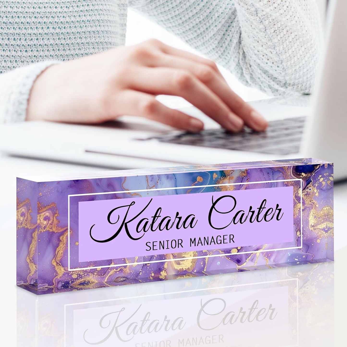 Name Plate for Desk Personalized, Acrylic Desk Decorations, Employee Appreciation Gifts, Custom Office Gifts for Coworkers, Boss, Teacher, Nurse (Purple Gold Marble)