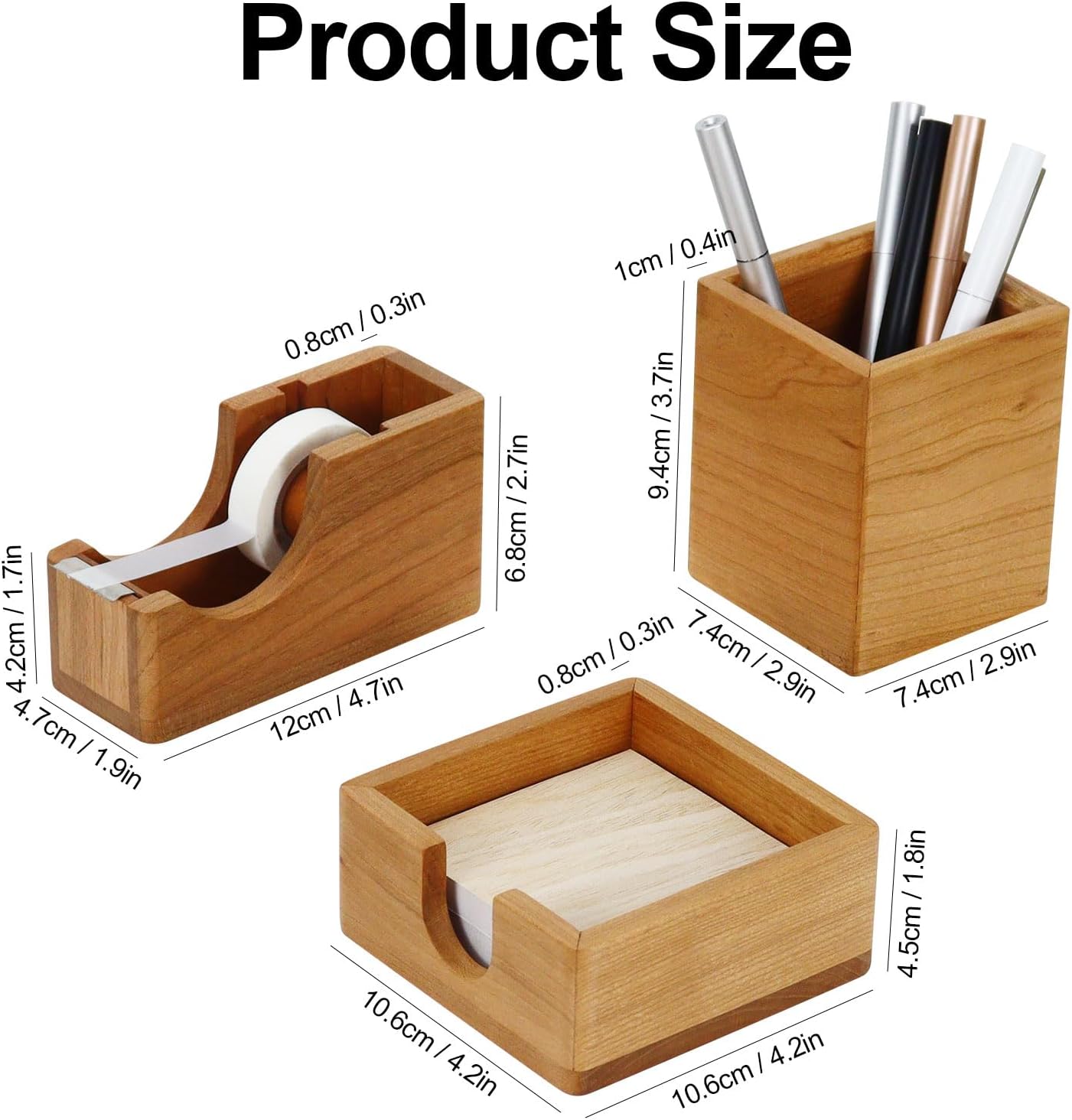 Buqoo Cherry Wood Desk Organizer Set, Tape Dispenser, Sticky Note Holder, Pen Cup - Compact Office Storage for School Home Office Decor
