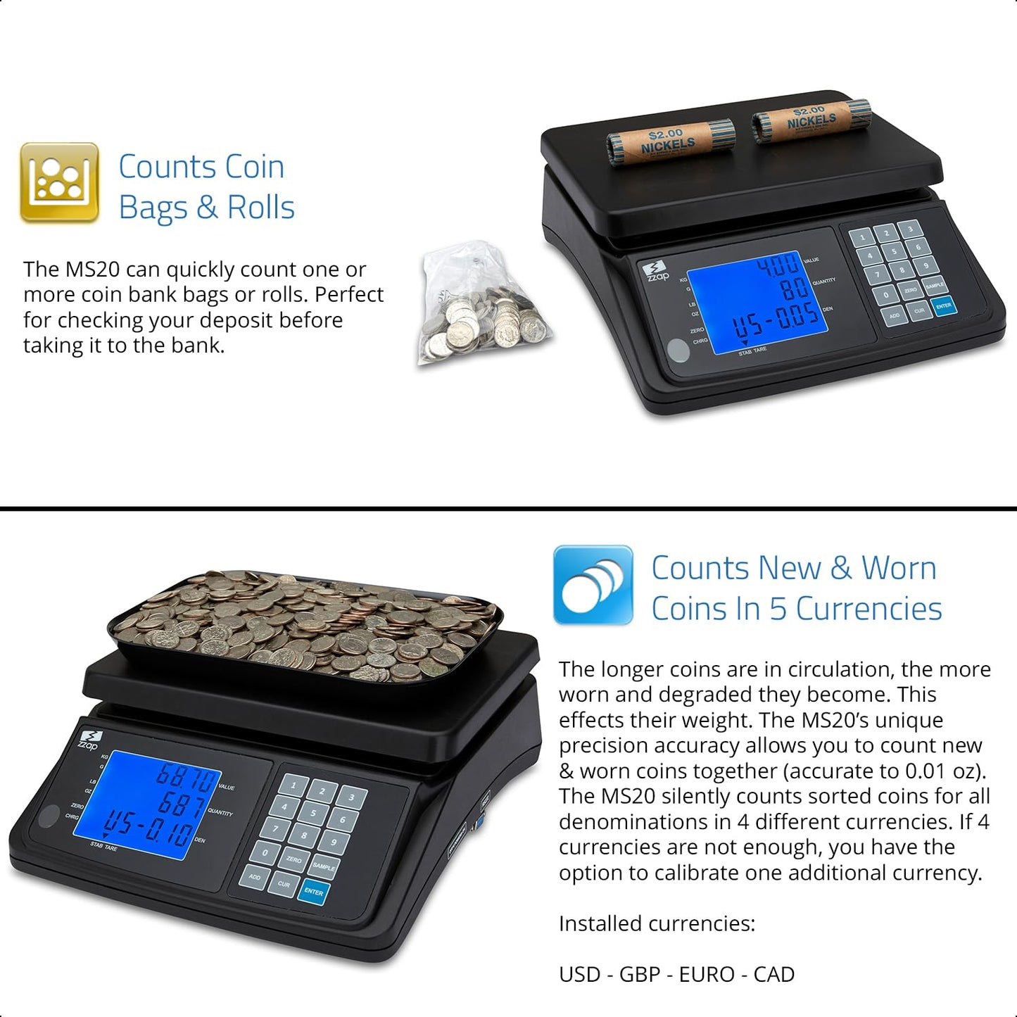 ZZap MS20 Coin Counting Scale - Money Cash Currency Weighing Machine