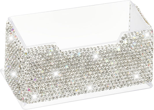 PATIKIL Rhinestone Business Card Holder, Crystal Business Card Holders Bling Business Card Organizer Display Stand for Desktop Desk Office Exhibition, White