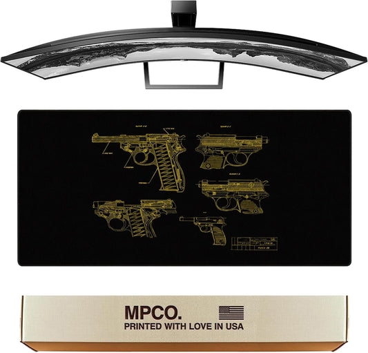 MPCO. Blueprints Large Gaming Desk Pad - 36" x 17" Aeroglyde Fabric Pistol 38 – Black/Yellow Desk Mats - Non-Slip, Washable, Smooth Glide for Precision Gaming & Work