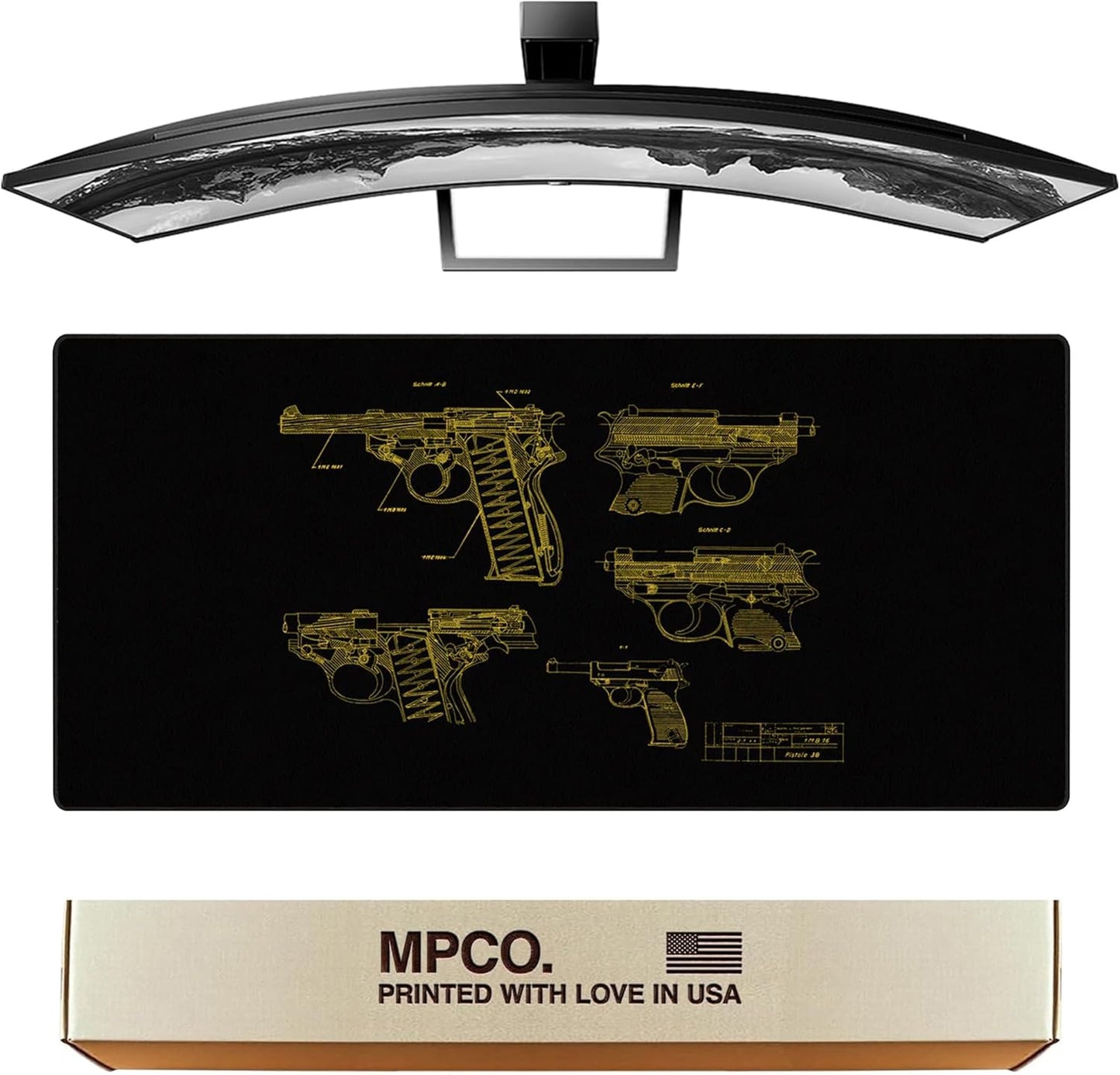 MPCO. Blueprints Large Gaming Desk Pad - 36" x 17" Duraglyde Fabric Pistol 38 – Black/Yellow Desk Mats - Non-Slip, Washable, Smooth Glide for Precision Gaming & Work