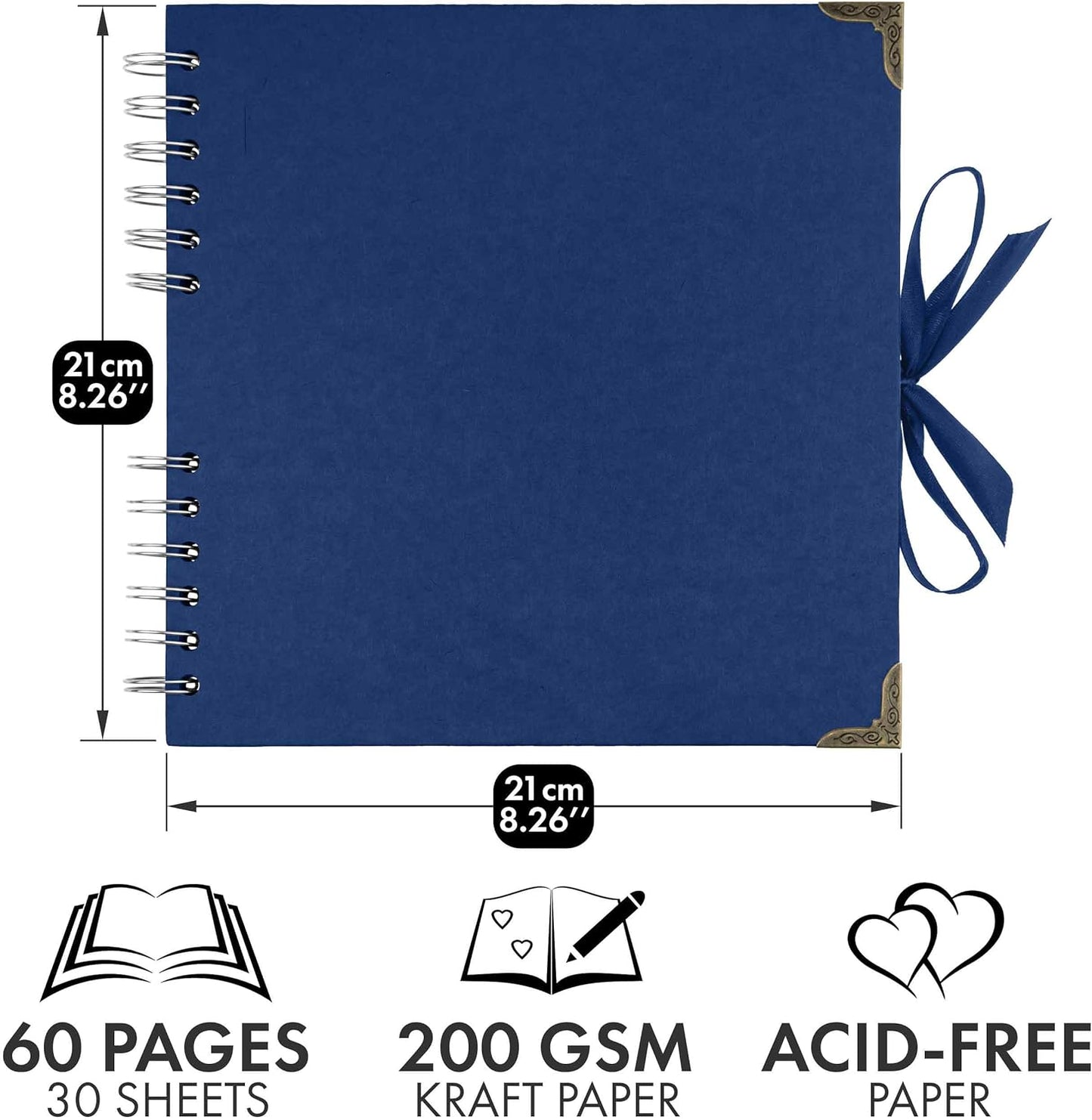 Bstorify Square Scrapbook Photo Albums 8 x 8 Inch Blue Hardcover with Ribbon Closure - Ideal for Scrapbooking, Art & Craft Projects