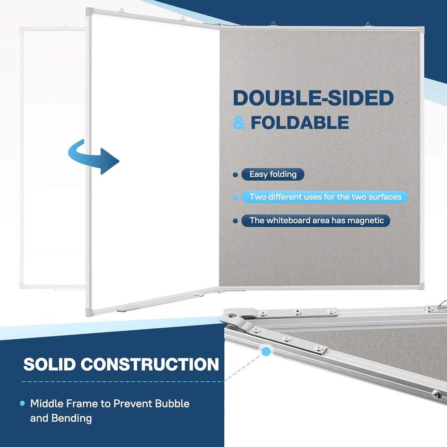 Large White Board Dry Erase Foldable Bulletin Board Combo, 48" x 36" Double Sided Dry Erase Board for Wall, Magnetic Whiteboard Bulletin Board with Linen for Office, Home, School, Kitchen -Gray