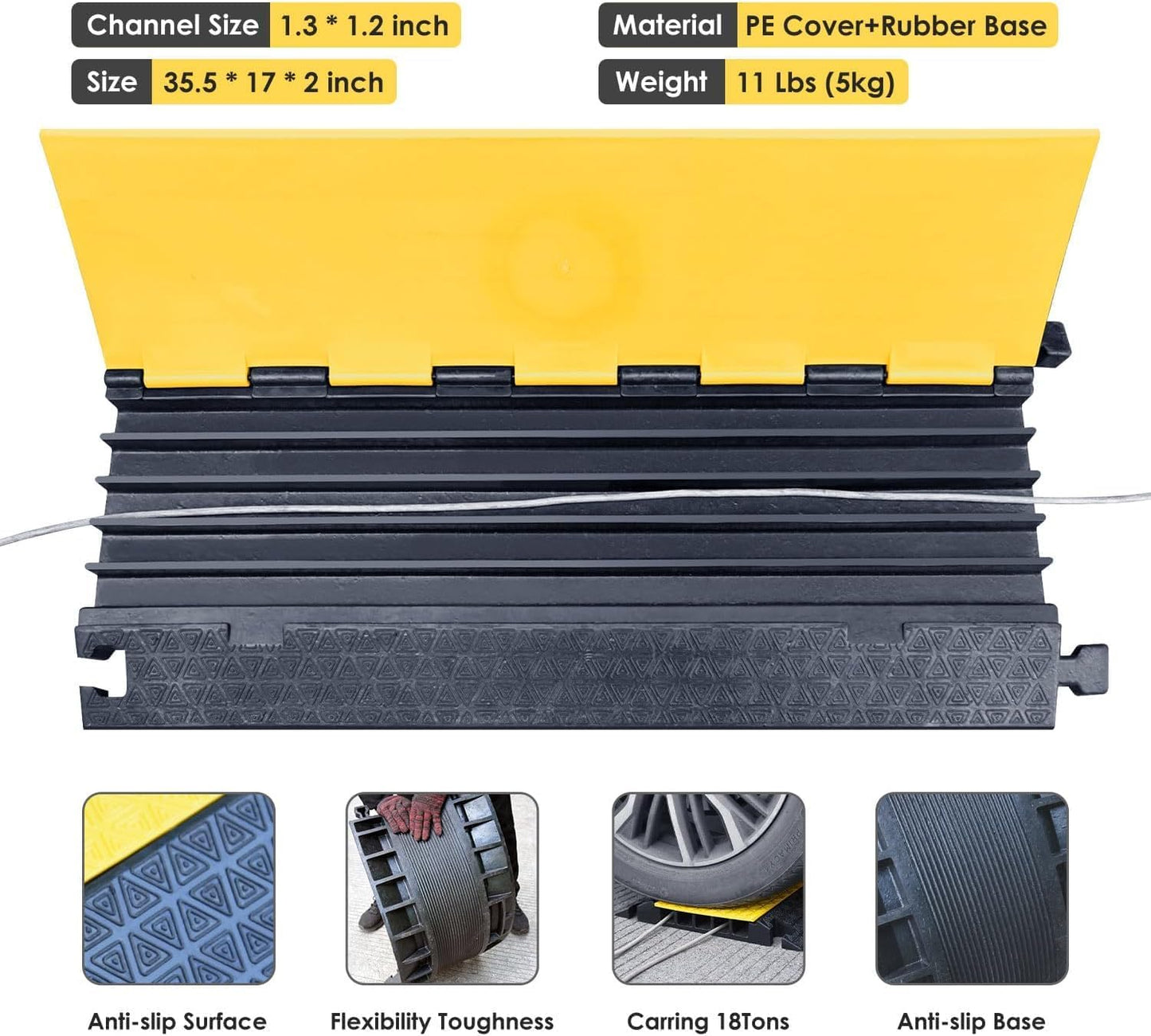 OrangeStar 2-Pack Rubber Cable Protector Ramp Heavy Duty 5-Channel Wire Cord Cover Ramps 18 Tons Load Capacity Traffic Speed Bumps for Driveway