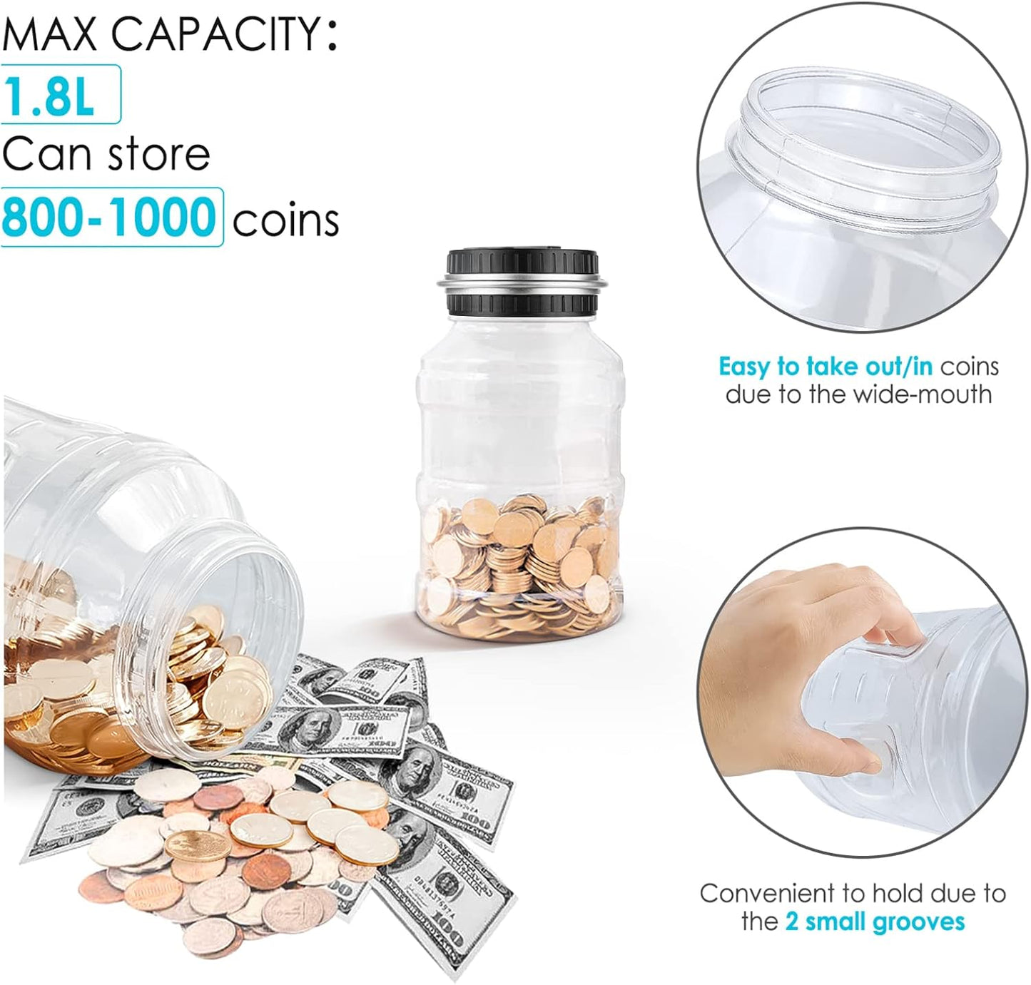 Large Piggy Bank for Boys Adults, Vcertcpl Digital Coin Counting Bank with LCD Counter, 1.8L Capacity Coin Bank Money Jar for Adults, Designed for All US Coins (Silver)