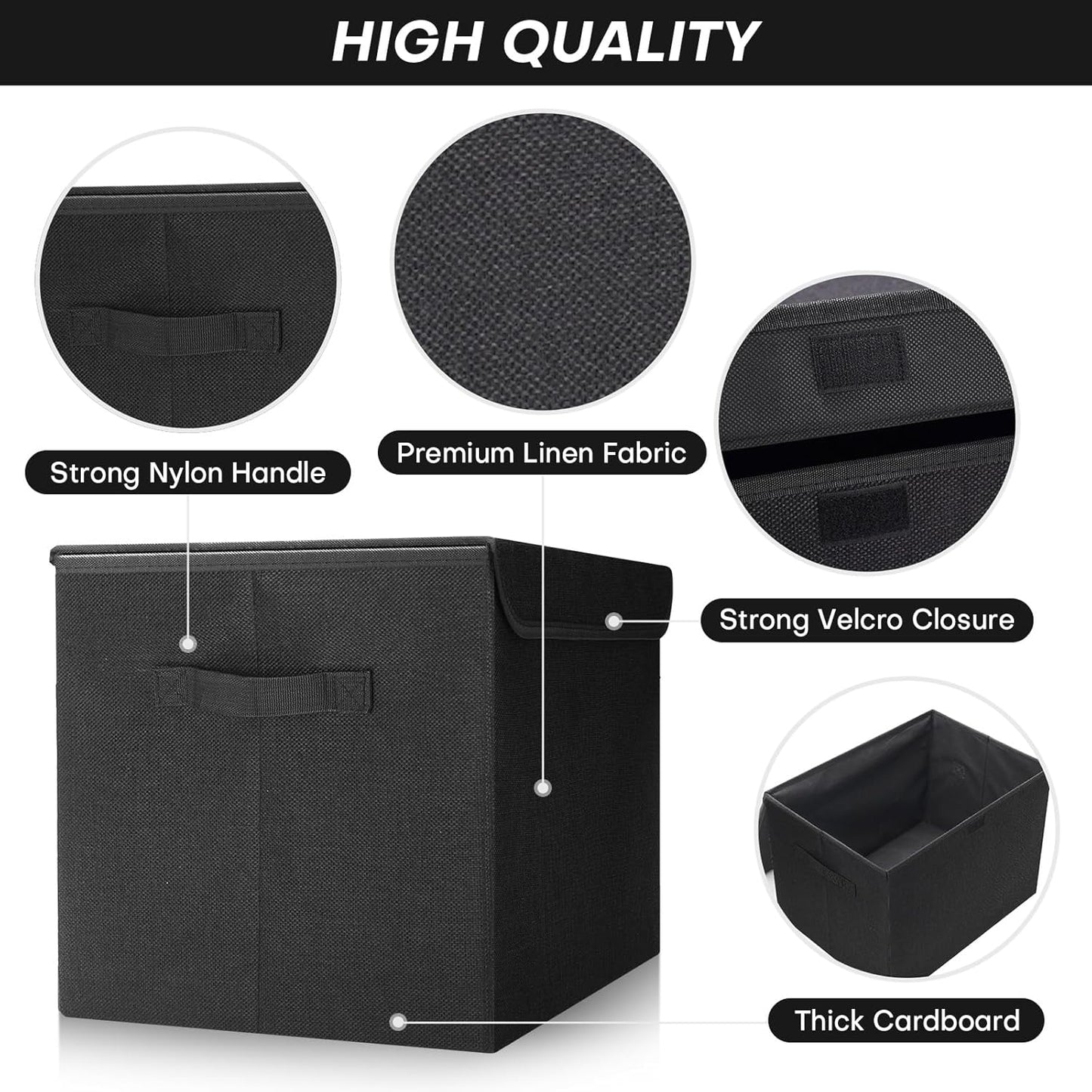 Large 17" 42 Quarts Collapsible Stackable Storage Bins with Lids [3-Pack] Foldable Fabric Linen Storage Boxes Cube, Closet Organizer Baskets with Label (16.7 x 12 x 12", Black)