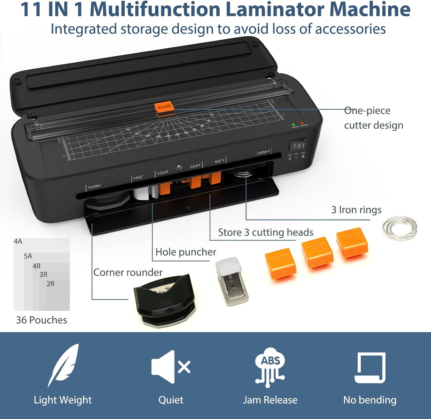 Laminator Machine, 11 in 1 Laminating Never Jam Technology with 36 Laminating Sheets, 9 Inch Thermal Laminator A4 Laminating Machine Hot & Cold Mode for Home Office School Black