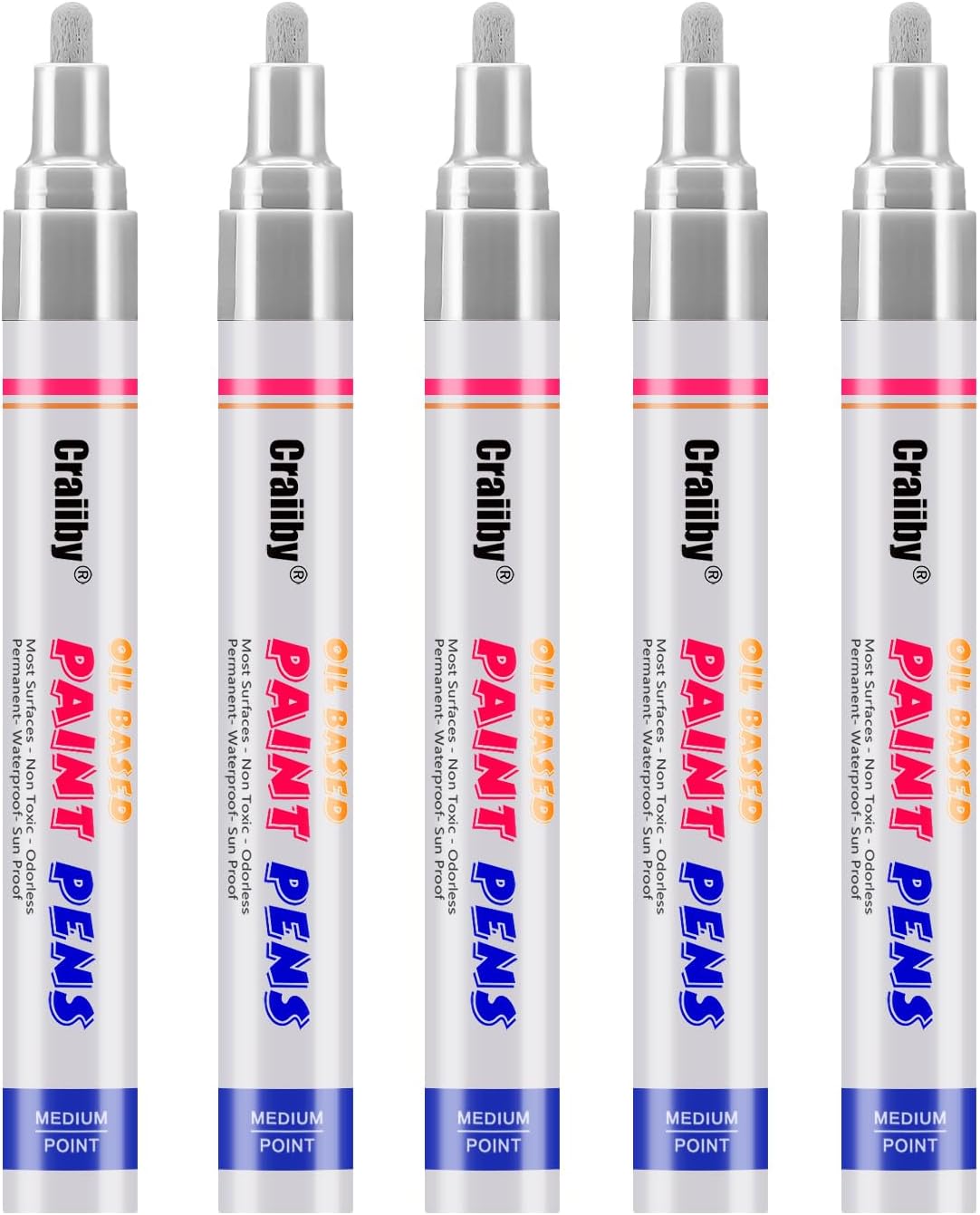 Silver Paint Markers, 5 Pack Oil-Based Waterproof Quick Dry Permanent Paint Pen Set for Rocks Painting, Wood, Fabric, Plastic, Canvas, Glass, Mugs, Metal, Tire, Stone, DIY Craft, Grey, Gray