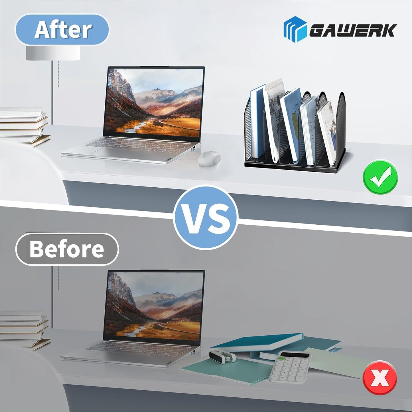 5-Section Vertical Desktop Organizer, 5-Section Mesh File Folder Stand Sorter for Office Home Classroom Organization (1, Gold)