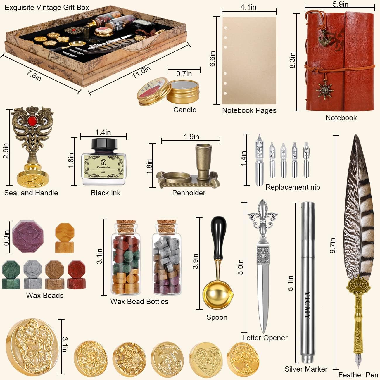 Feather Pen Pheasant Quill Pen and Ink Set,Caligraphy Kits for Beginners, Feather Pen and Ink Set With Leather Journal Notebook,Wax Seal Kit,7 Wax Seal Stamp Heads,Calligraphy Pens for Gift