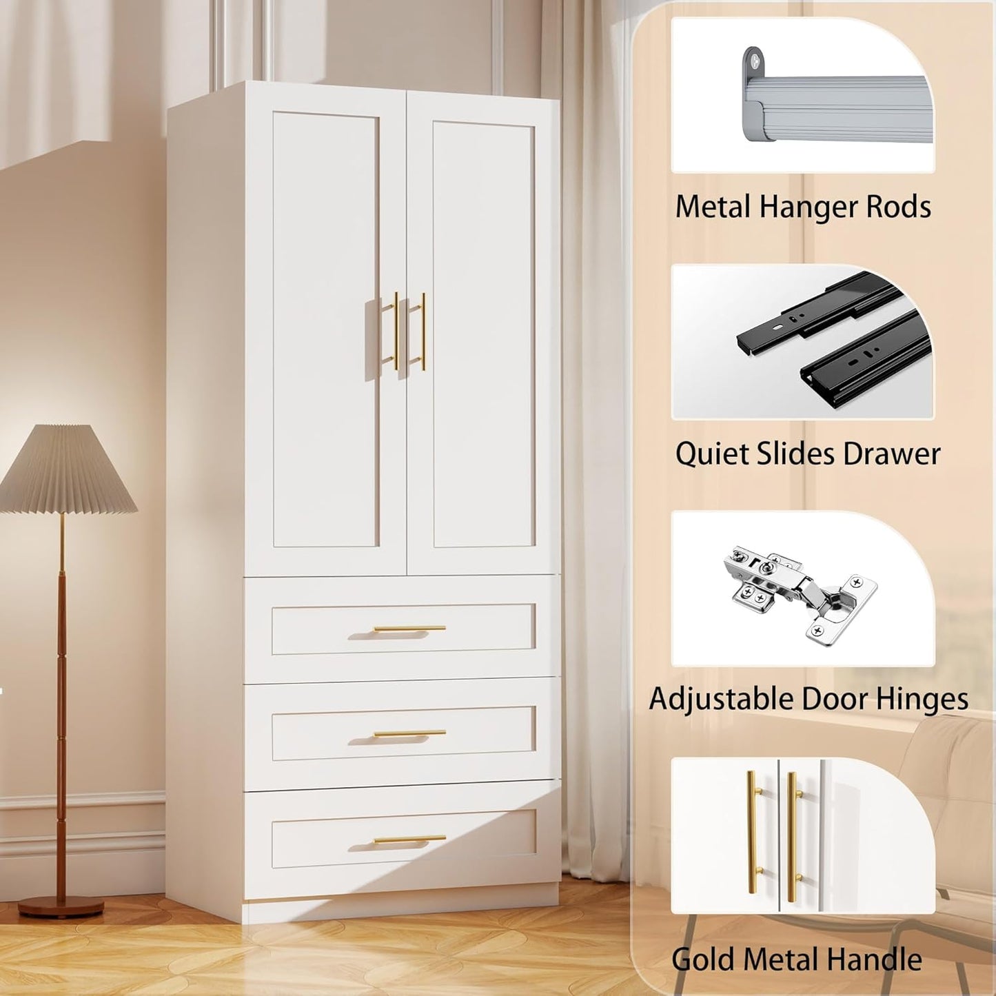 White Wardrobe with 2 Doors: 75" Tall Armoire Wardrobe Closet with 3 Drawers, Bedroom Closet Cabinet for Hanging Clothes, Wooden Storage Armoire with Shelves (Modern, 1)