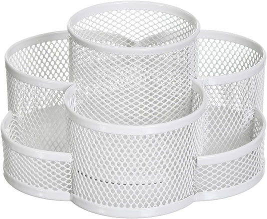 360 Rotatable Metal Mesh Desktop Stationery Organizer Pen Pot Makeup Brush Organizer for Home School Office (White)