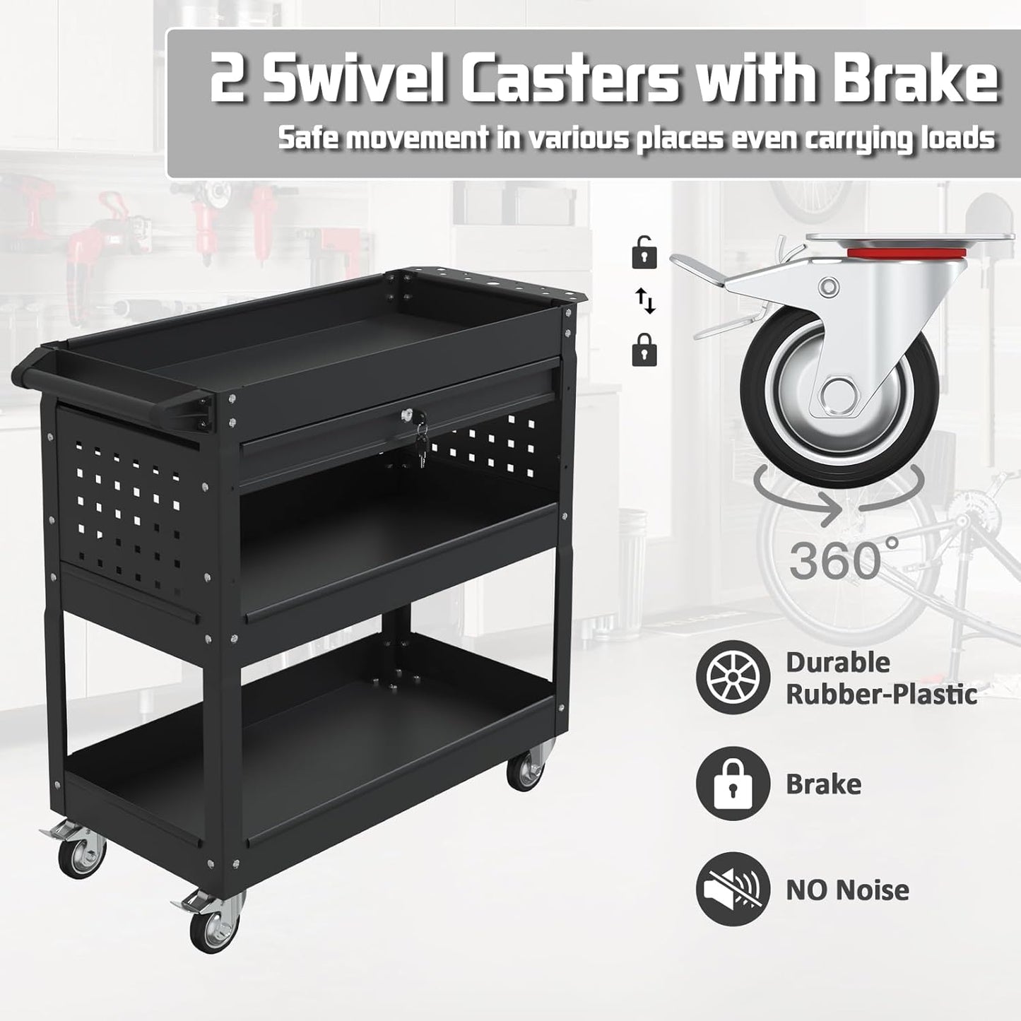 3 Tier Rolling Tool Cart, 400 LBS Capacity Mechanic Tool Carts on Wheels, Heavy Duty Utility Cart with Drawers, Metal Work Cart for Garage, Warehouse and Repair Shop, Matte Black