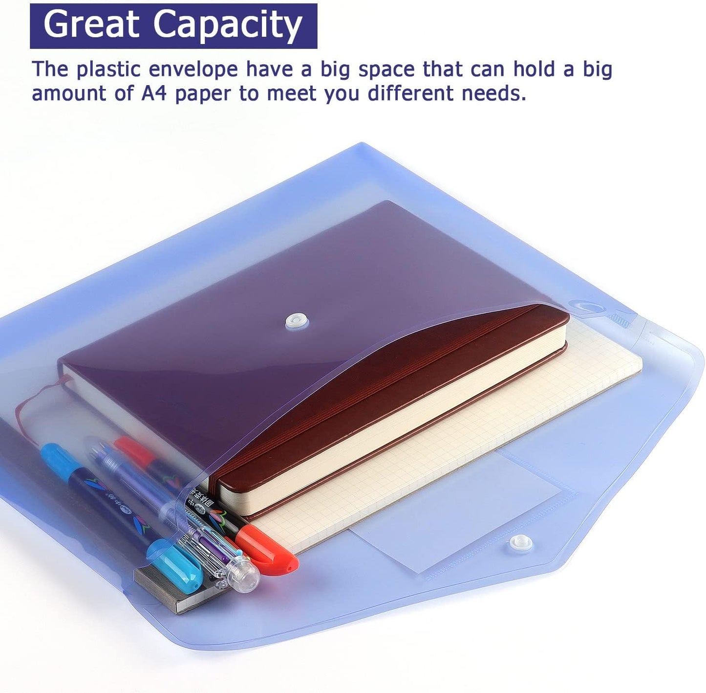 6 Pack Clear Document Folders Plastic Envelopes Poly Envelopes File Envelopes with Label Pocket and Snap Button for Home Work Office Organization, Letter Size/A4 Size (Blue)