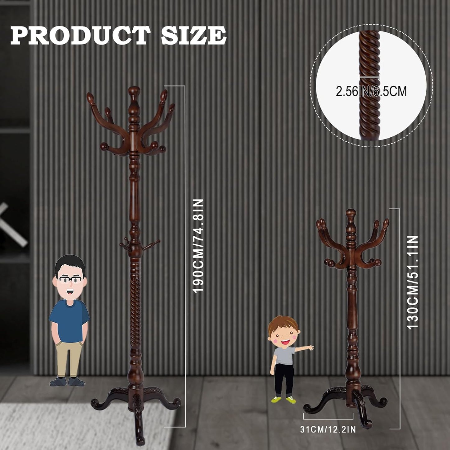 Coat Racks FreeStanding with 11 Hooks, Natural Wood Coat Rack with Tri-Legged Base, Adjustable Height Coat Racks, Easy Assembly for Hallway, Bedroom and Office (Walnut-Tri-Legged Base)