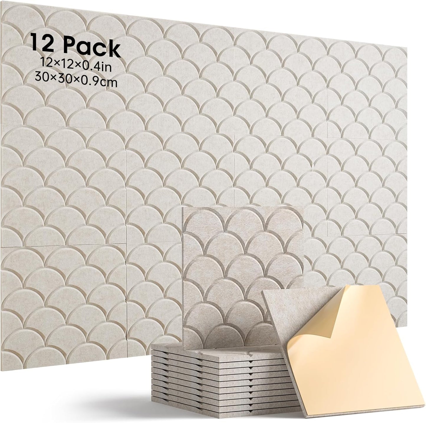 Acoustic Panels Self-Adhesive, 12 Pack Sound Proof Foam Panels for Walls, 12" X 12" X 0.4" High Density Soundproof Wall Panels for Door, Ceiling, Home Office Beige