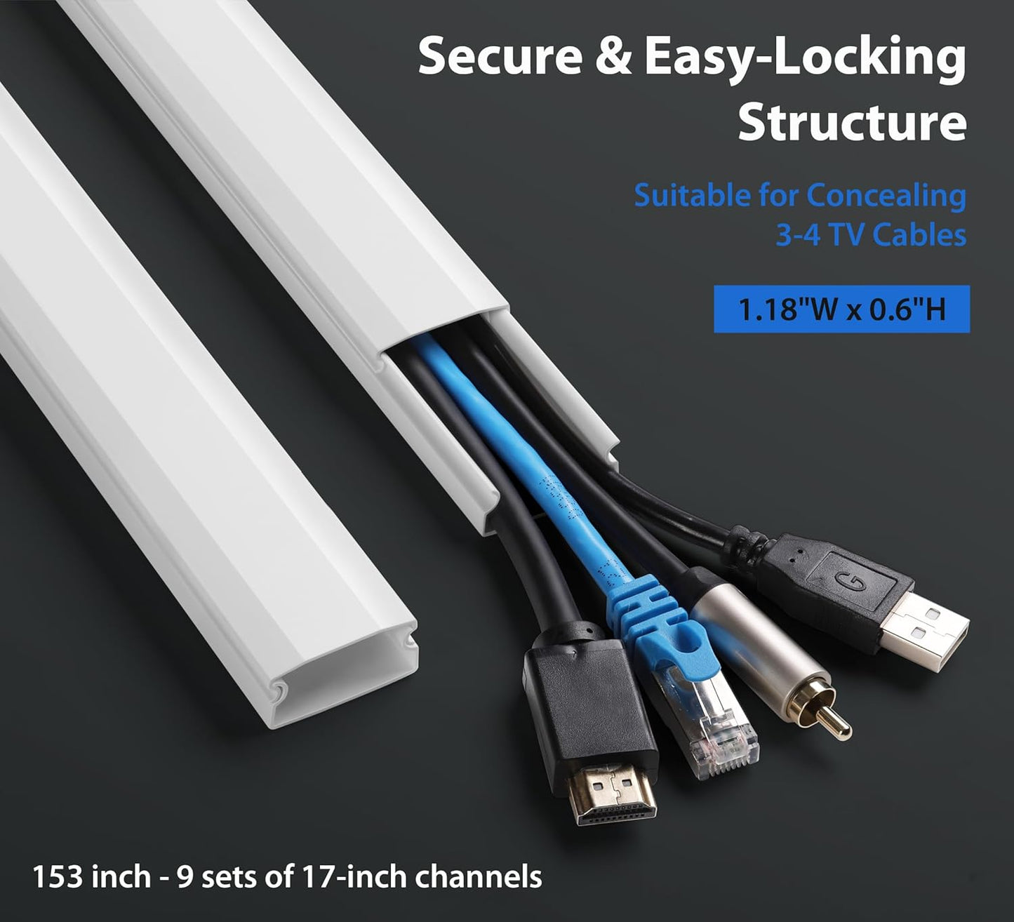 153in Wall Cable Hider, Cord Hider to Hide 3-4 Cords, TV Wire Hider for Wall, Cable Management Kit, Cable Raceway White, Paintable Cable Concealer, 9 x L17in x W1.18in x H0.6in