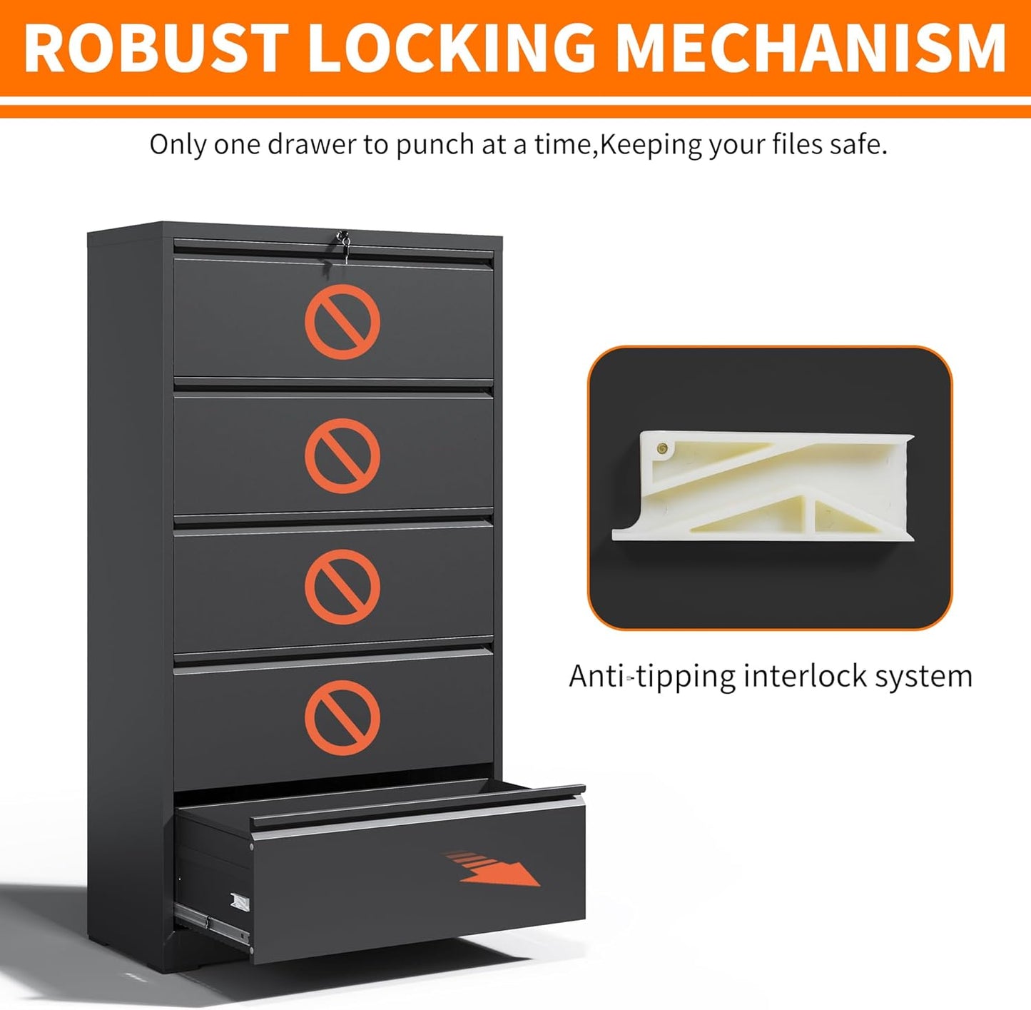 Locking File Cabinet with 5 Drawer Heavy Duty Large Metal Filing Cabinet Home Office Lateral File Cabinets Wide Steel Cabinets for Legal/Letter Size Files,Assembly Required