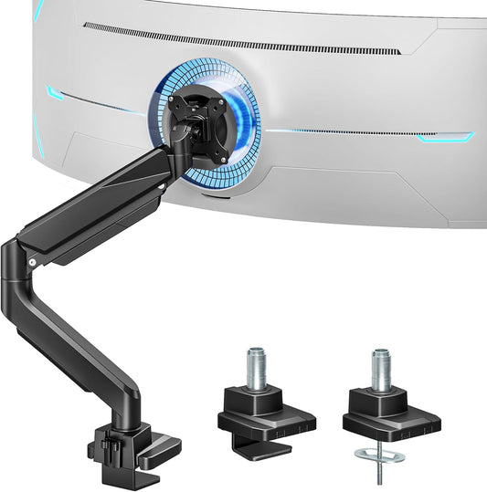 ARES WING Ultrawide Monitor Arm, Heavy Duty Single Monitor Mount for 13"-49" Curved Screens, Adjustable Stand for Desk with C-clamp & Grommet Base up to 40 LBS, Black