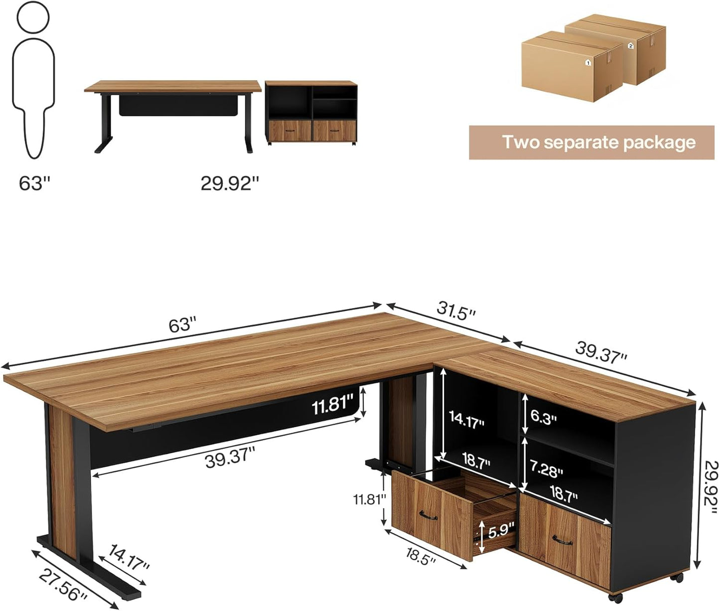 Tribesigns 63" Large Executive Desk L Shaped Computer Desk with File Storage Cabinet, L-Shaped Executive Office Desk Business Desk Set, Computer Desk with Mobile Cabinet for Home Office