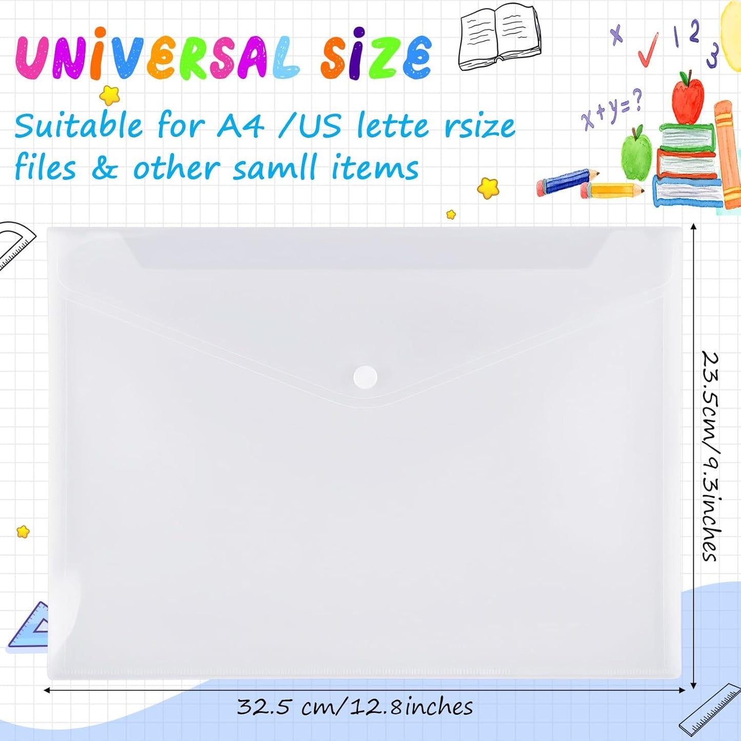 100 Pcs Clear Envelopes with Snap Button Closure Bulk A4 Letter Size Clear Plastic Envelope Folder Document Organizer File Folders for Office Home (Milky)