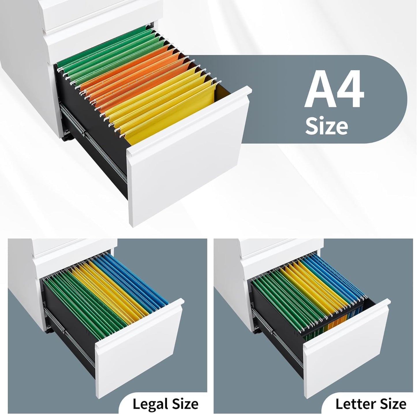 3 Drawer File Cabinet with Lock, File Cabinets for Home Office,Under Desk Cabinet, Locking File Cabinet for A4/Letter/Legal, Fully Assembled Expect Casters, Matte White