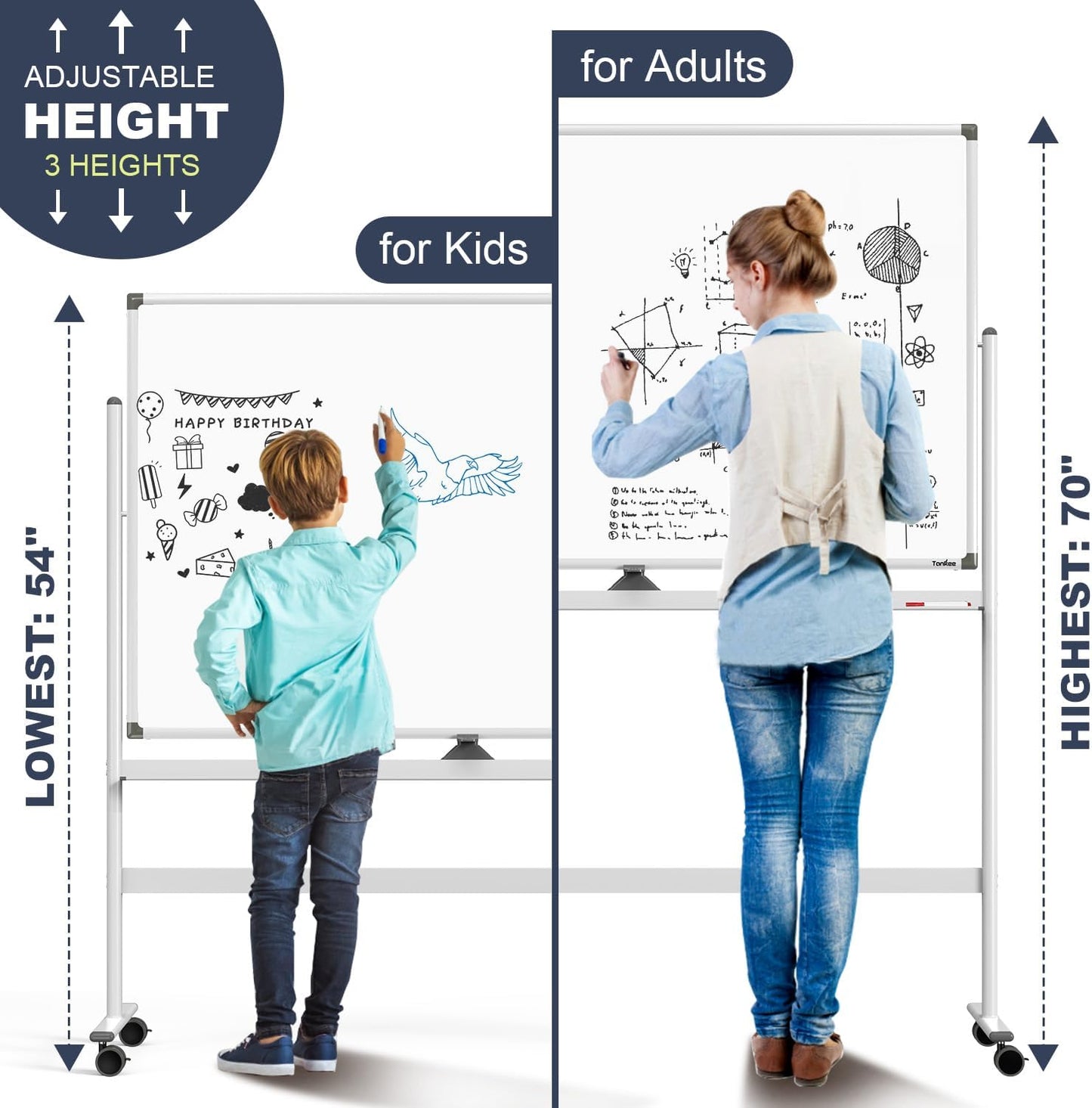 Dry Erase Whiteboard Easel on Wheels - TANKEE 48" x 32" Large Double Sided Mobile Whiteboard, Reversible Magnetic Rolling White Board for Home Office Classroom, Flip Chart Holders and Paper Pad