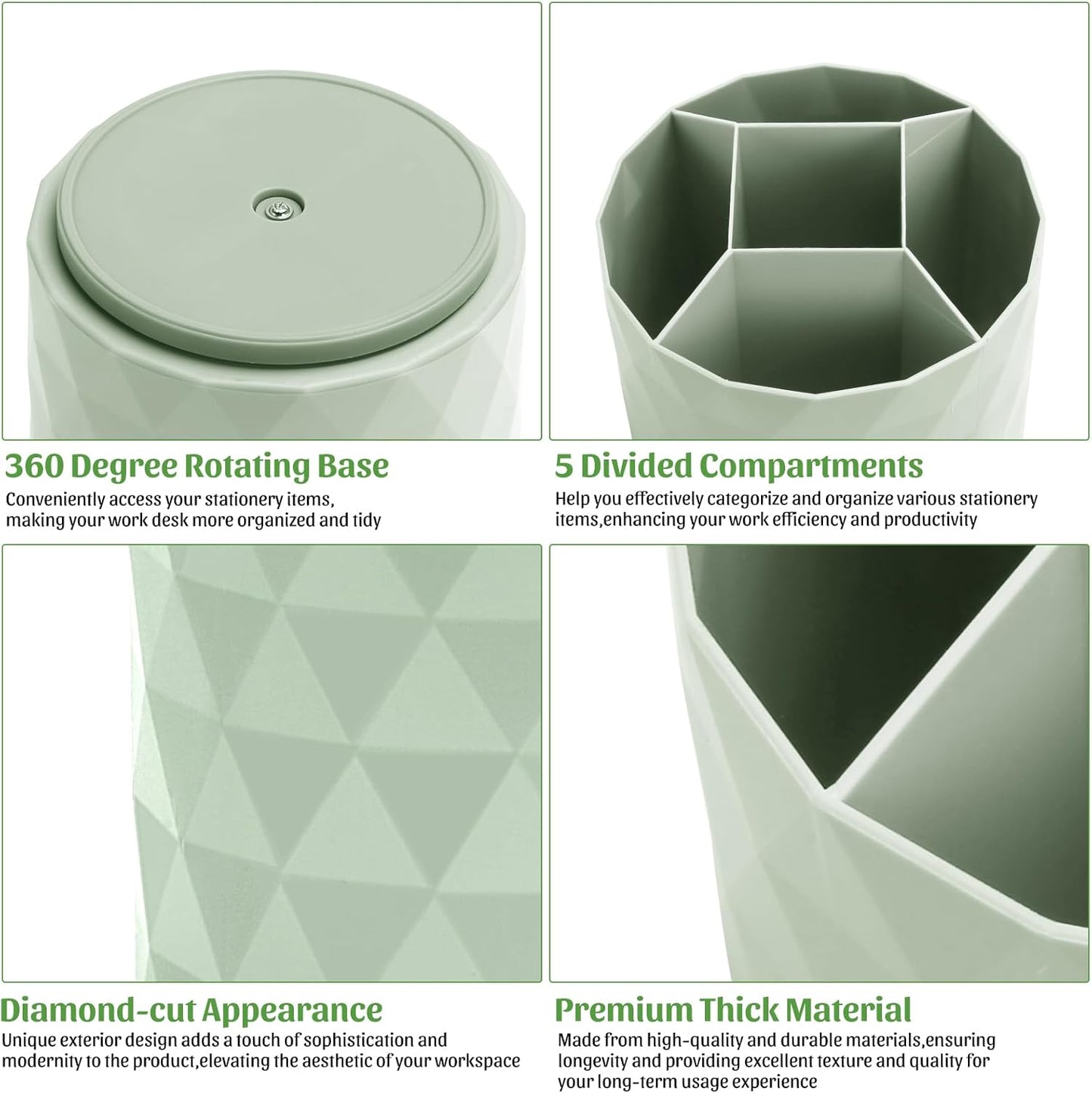 Desk Organizer,Sparkling Diamond-like Pen Holder for Desk 360°Rotating Office Accessories,Pencil Cup with 5 Compartments Storage Box Caddy for Office,School,Home,Art Supply(Green)