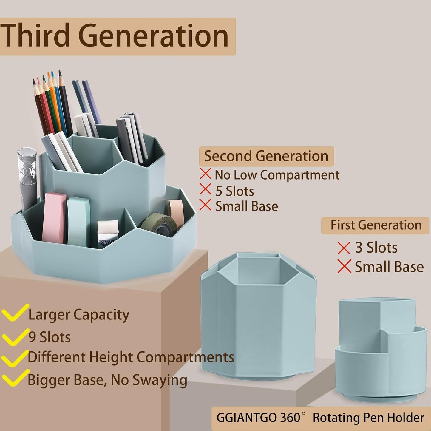 Pencil Pen Holder for Desk, 9 Slots 360 Degree Rotating Desk Organizer, Cute Pen Organizers Stationery Supplies for Office Home & Art Supply (Blue)